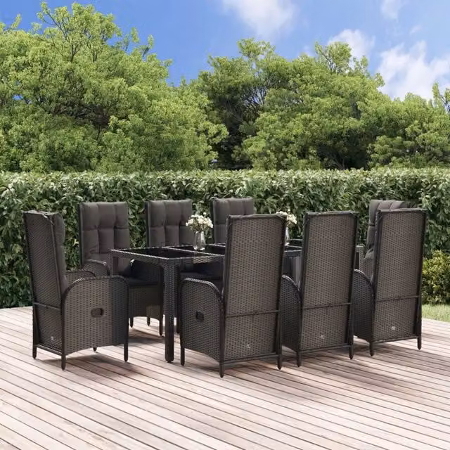Set da pranzo da giardino vidaXL in polyrattan con cuscini nero e grigio e tavolo in vetro – 1