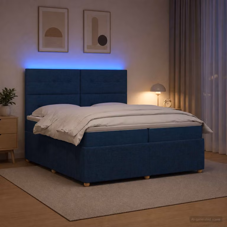 Letto Box Spring vidaXL con Materasso Ibrido e Illuminazione LED sotto il letto, Colore Blu e Bianco, L/P: 200 x 200 cm