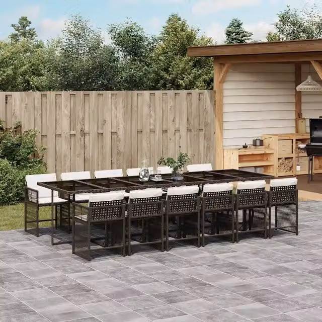 Set da pranzo da giardino vidaXL in polyrattan marrone e bianco con cuscini e tavolo in vetro, 13 pezzi – 1