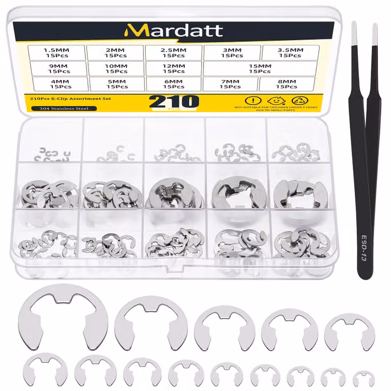 Set di fermagli E-Clip, 211 pezzi, in acciaio inossidabile, da 1,5 a 15 mm, 14 misure, con pinzetta