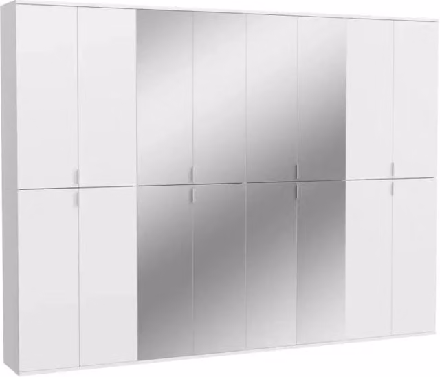 Armadio BODITE MEUBLORAMA con 16 ante e 8 specchi, Bianco laccato lucido, H: 244 cm, L: 244 cm, P: 193 cm