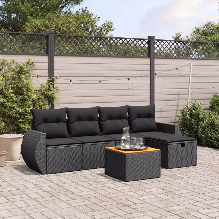 vidaXL Set Divano da Giardino 6 pz a L con Cuscini Neri in Polyrattan e Struttura in Acciaio Verniciato a Polvere