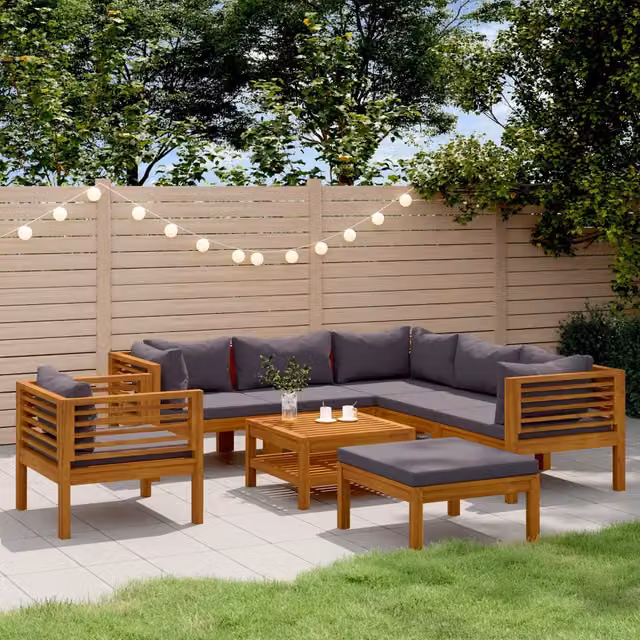 Set da giardino moderno vidaXL composto da 8 pezzi in legno di acacia con cuscini grigi e tavolino da caffè – 1