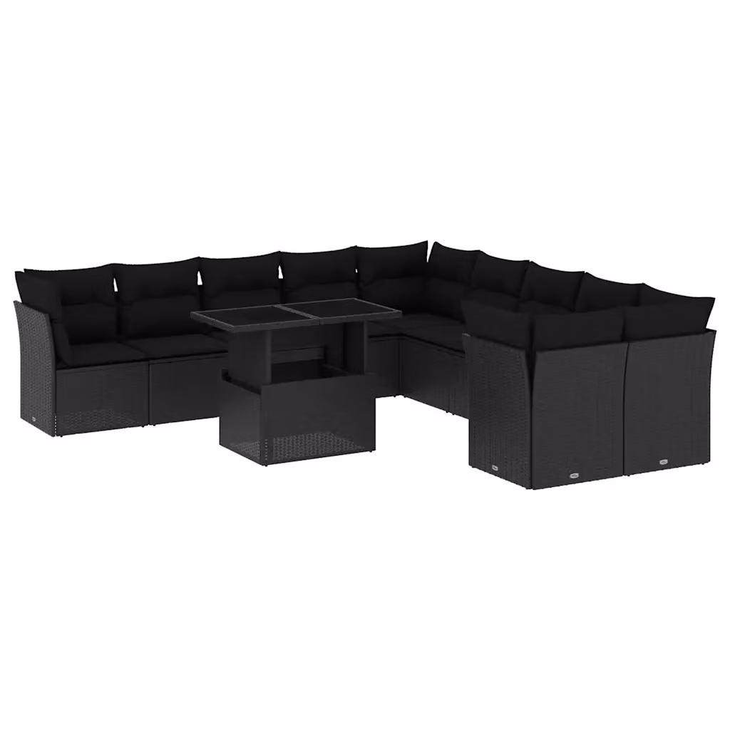 vidaXL Set Divani da Giardino 11 pz in Polyrattan Nero con Cuscini e Tavolino da Esterno – 2