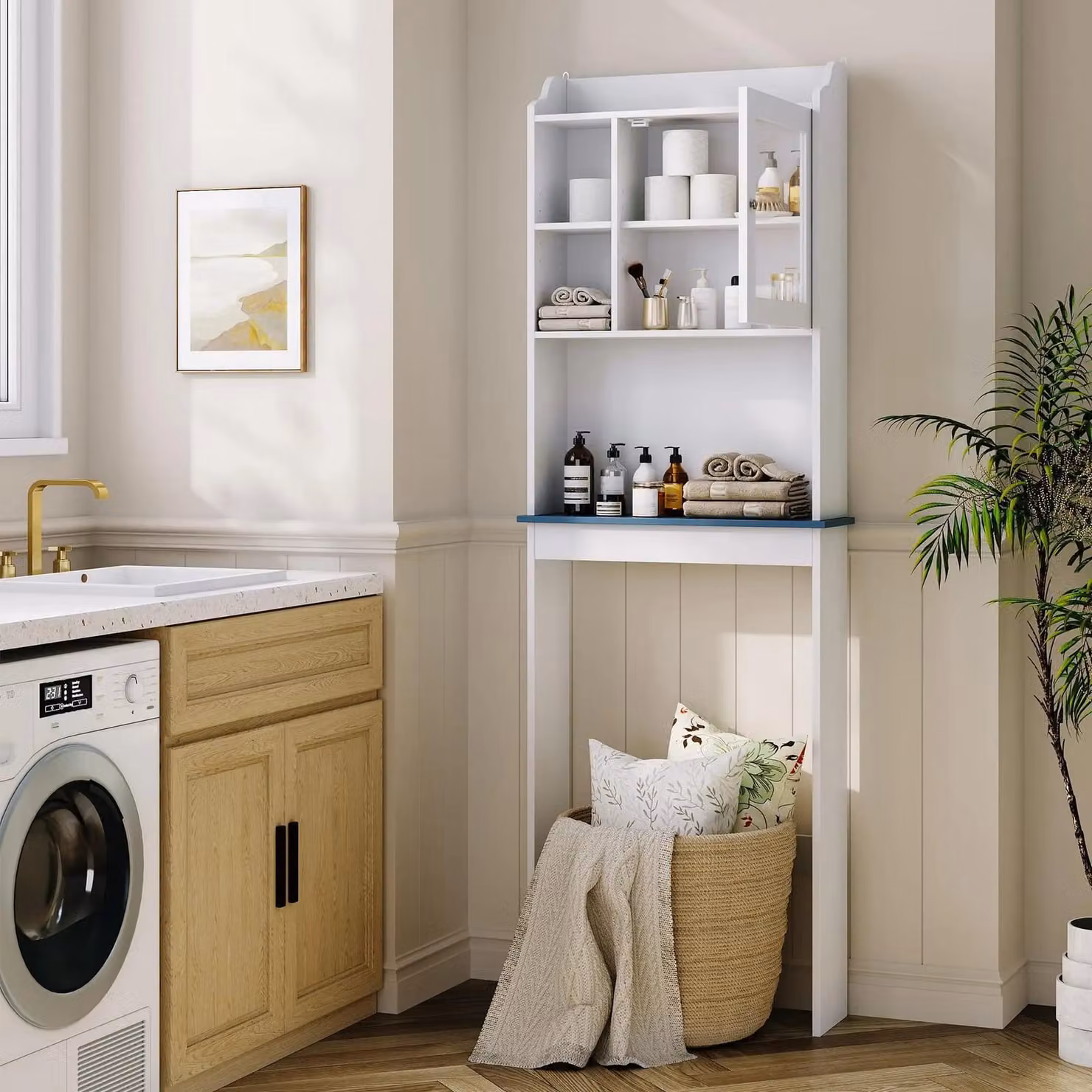 Mobiletto sopra il water - Armadietto per il bagno - Salvaspazio, ripiano interno regolabile, ante in vetro, legno resistente all'acqua, sistema di sicurezza anti-ribaltamento - Bianco
