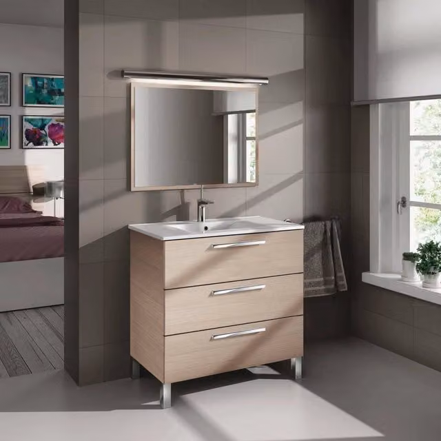 Mobile sottolavabo Elleboro DMORA per bagno con 3 cassetti e specchio, Rovere, L: 80 cm, P: 45 cm, H: 86 cm