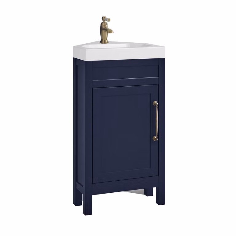 Mobile Bagno Angolare Blu Marino da 450mm con Lavabo e Maniglia Classica con Barra a T in Ottone Spazzolato - Warwick