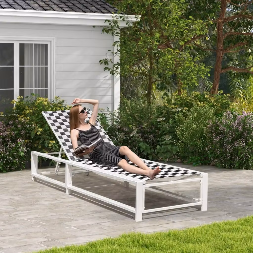 Sdraio da esterno regolabile con ruote e tessuto traspirante in textilene, poltrona reclinabile per giardino e terrazzo, design moderno nero e bianco – 2