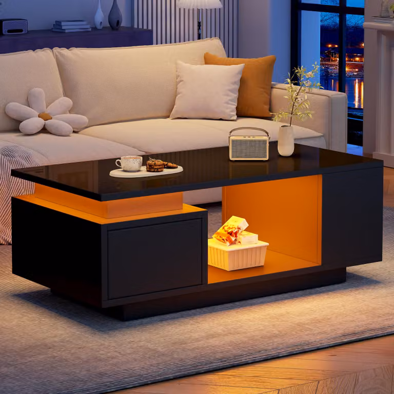 Tavolino LED lucido Merax con cassetto e 4 vani portaoggetti laterali, tavolino da salotto con design traforato al centro, nero