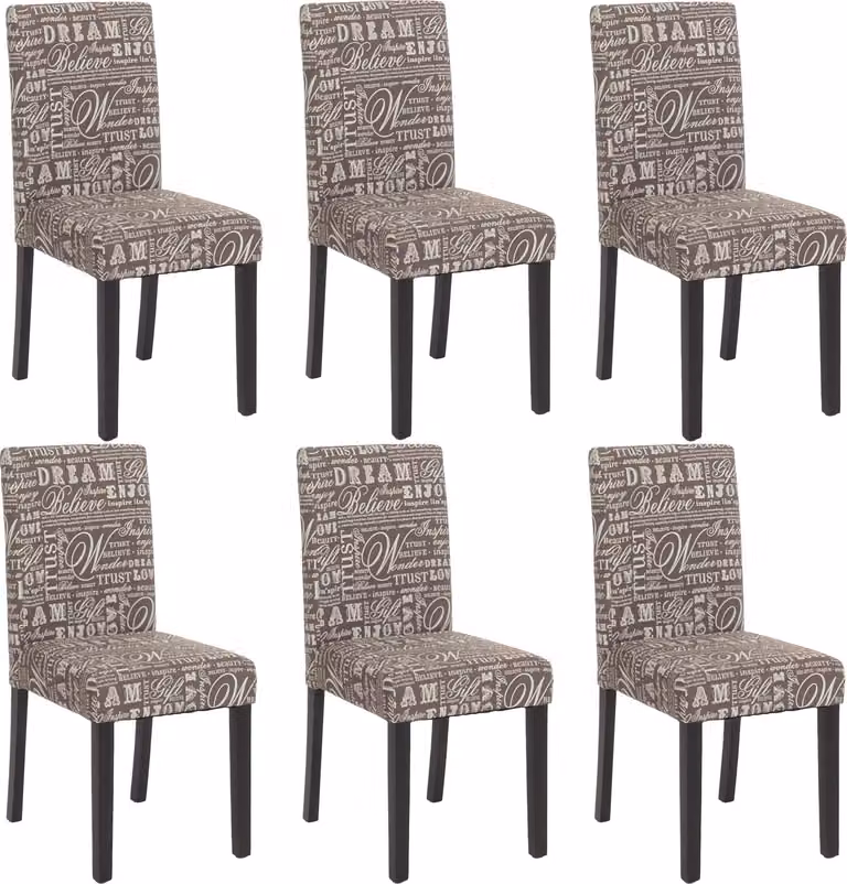 Set di 6 sedie da sala da pranzo Sedie da cucina classiche e intramontabili | A x L x P 90 x 43 x 48 cm | Altezza seduta 45 cm | Tessuto con scritta | Gambe scure | Grigio