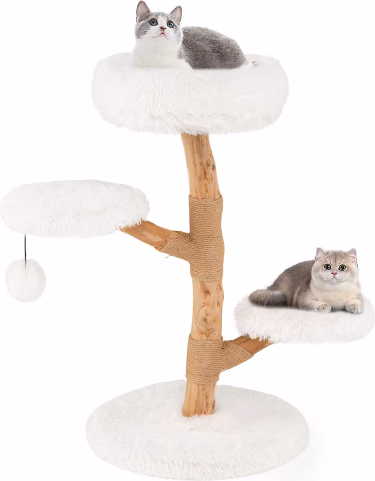 COSTWAY 90cm tiragraffi in legno, albero per gatti con 4 sedute in peluche, palla e tiragraffi in iuta, torre per gatti in legno massiccio, albero per arrampicarsi, bianco