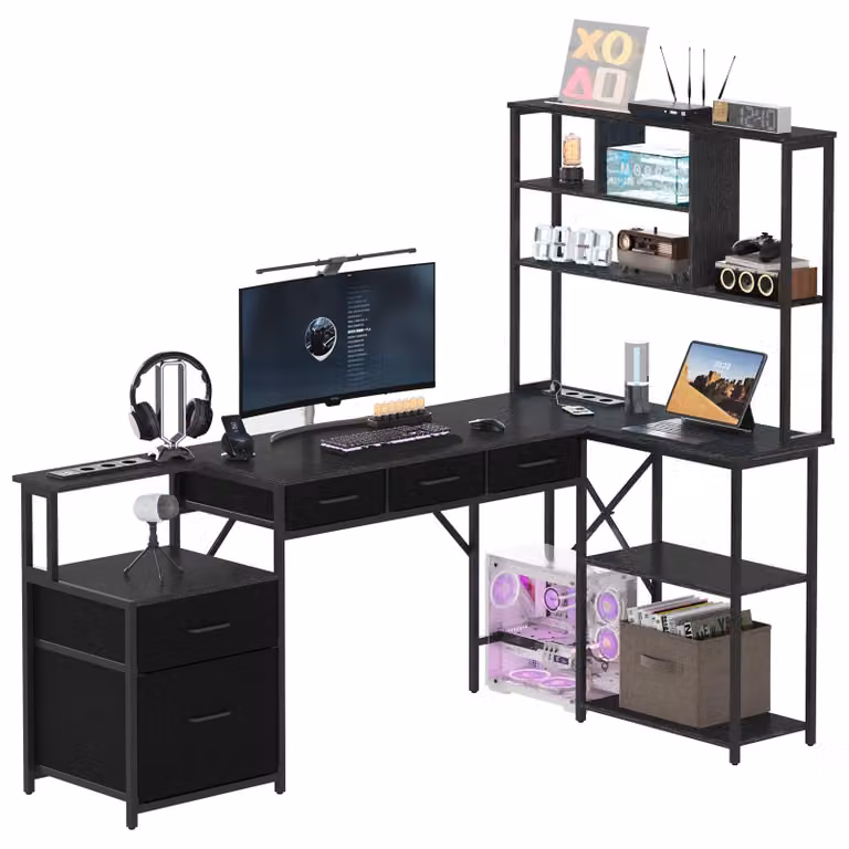 AIORBER Scrivania angolare a L con mensola per monitor e presa multipla, scrivania per computer con 4 cassetti per l'ufficio in casa, scrivania da ufficio robusta, nera