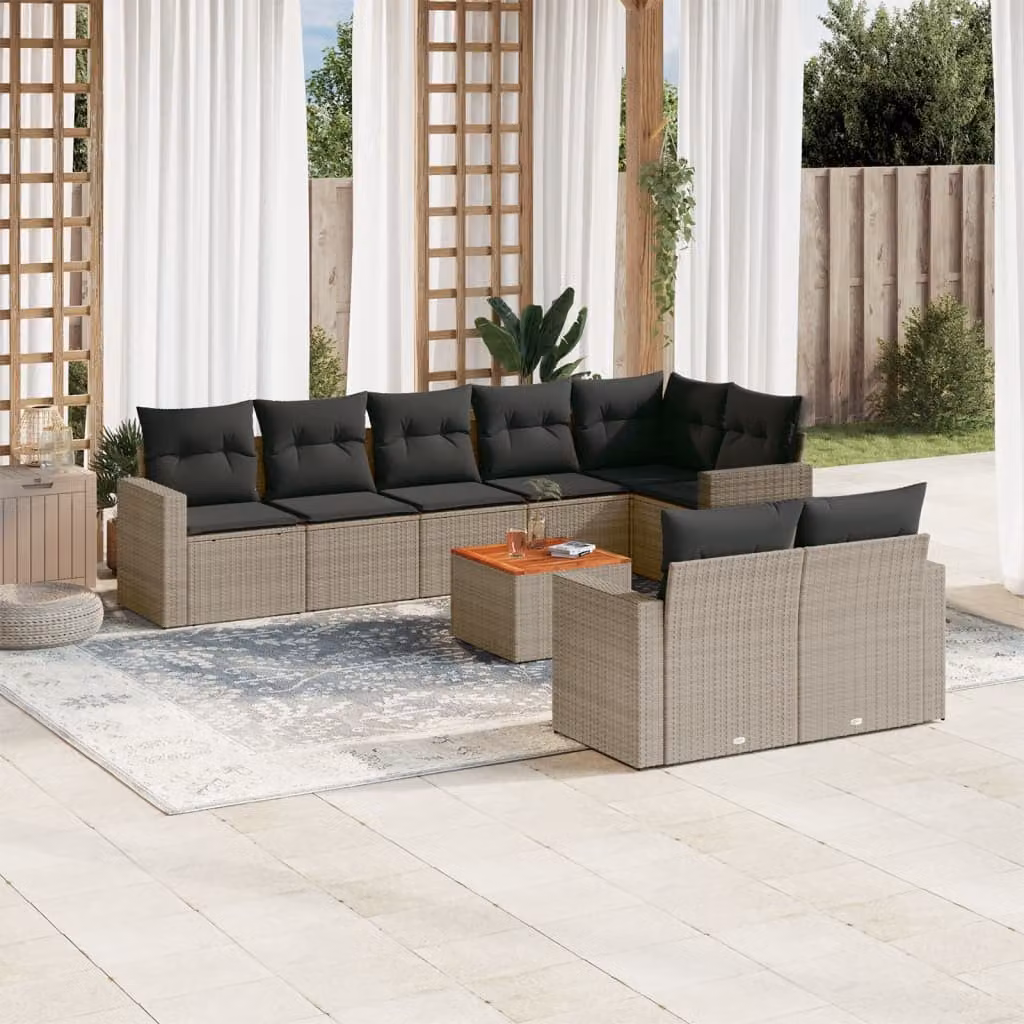 vidaXL Set Divano da Giardino a L 9 pz in Polyrattan Grigio con Cuscini e Tavolino da Esterno – 1