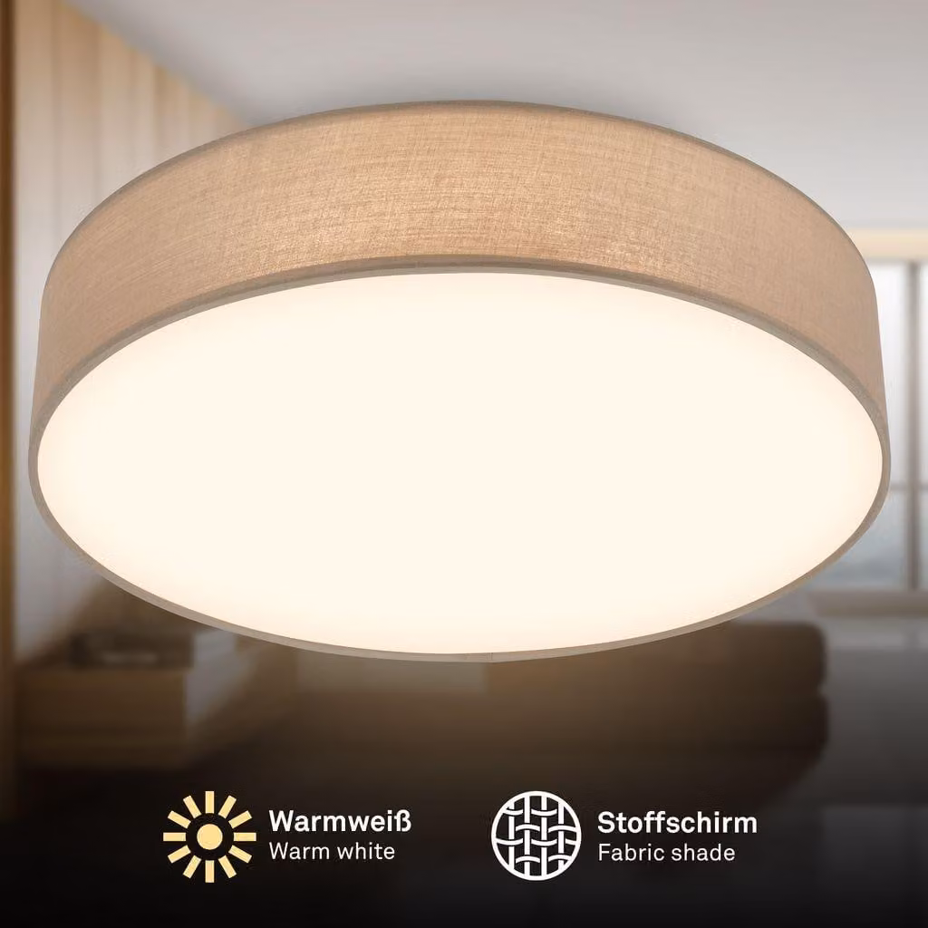 Briloner Plafoniera LED con paralume in tessuto Ø38x10,5 cm rotonda 24W 2600lm 3000K bianco caldo tortora - Lampada da soffitto soggiorno camera da letto cucina corridoio