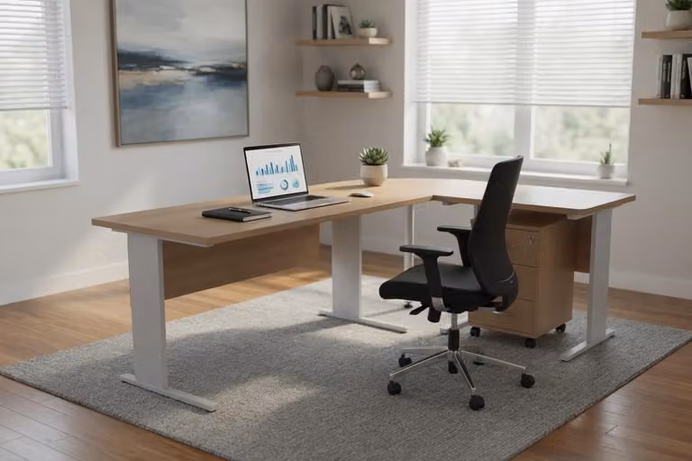 Scrivania angolare in legno con cassettiera con serratura, design moderno per ufficio