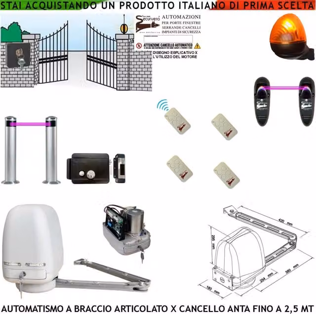 Cancello Elettrico Kit Motore a Braccio Articolato 220/24 V Anta da 0,5 a 2,5 MT Elettroserratura 4 Radiocomandi Faro Selettore 2 Paline 2 Foto