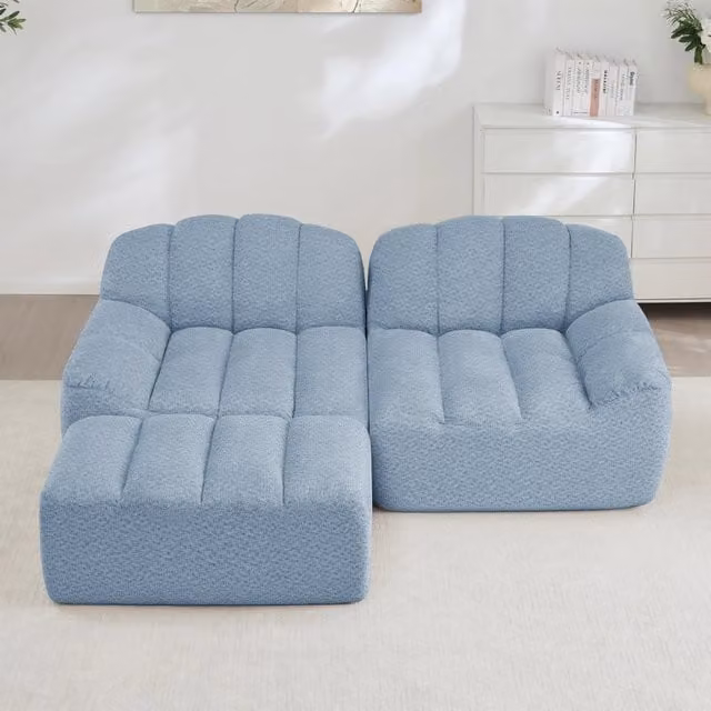 Divano angolare modulare senza struttura con ottomano e seduta ampia in pile granulato blu 210 × 165 × 79 cm
