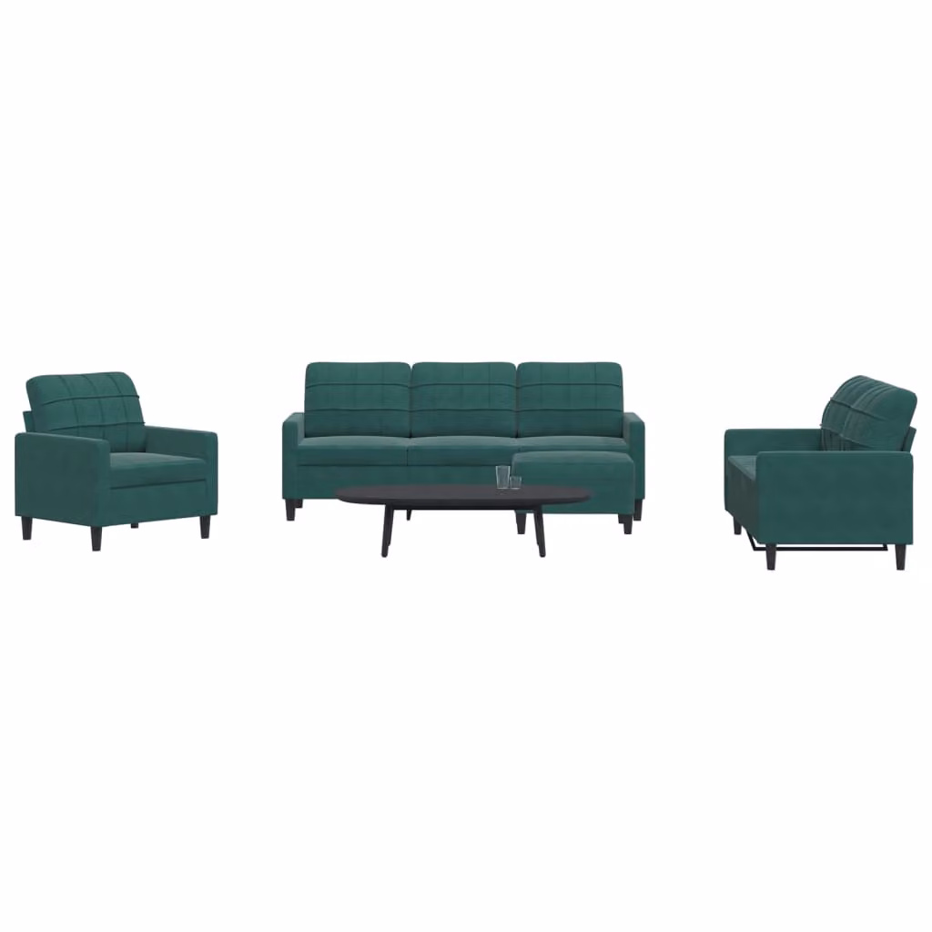 Set di divani moderno vidaXL in velluto verde con cuscini, composto da divano a 3 posti, divano a 2 posti e pouf – 1