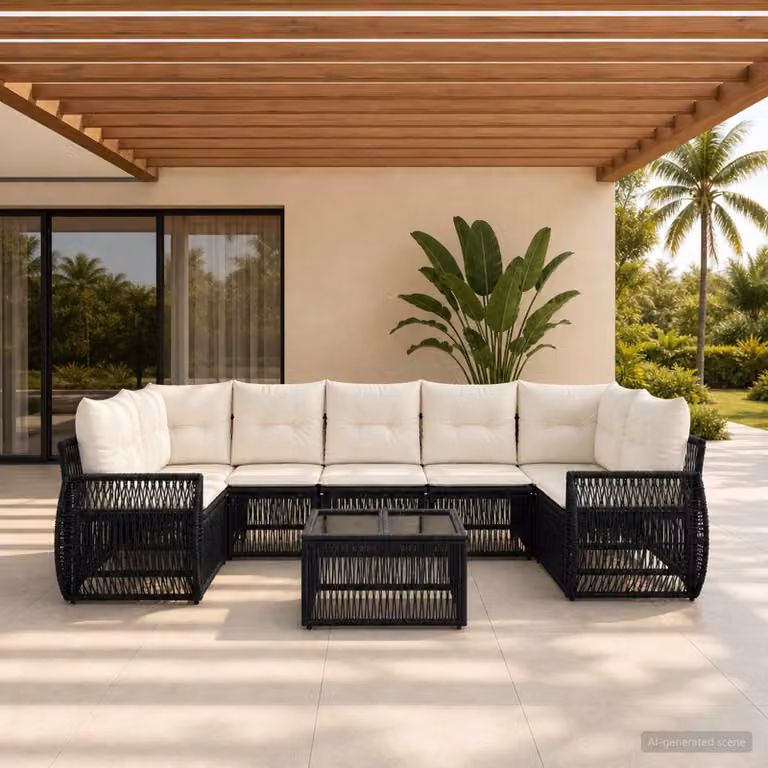 Set Divano da Giardino vidaXL 8 Pezzi a Forma di U in Polyrattan Nero con Tavolino e Cuscini Imbottiti