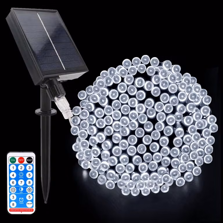 Catena luminosa solare da 20 metri, con 200 LED, impermeabile, 8 modalità, con telecomando