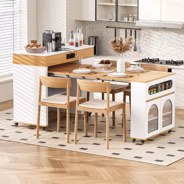 Isola da Cucina Tavolo da Pranzo Estensibile ¨C Minimal ¨C Bianco Naturale, Vetro, 1 Cassetto, Ruote