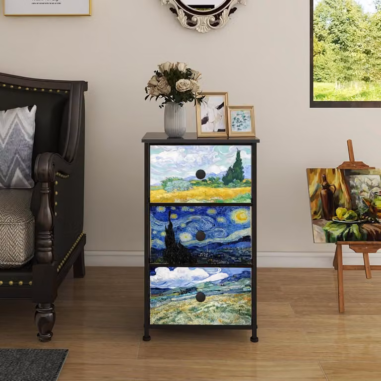 Comodino con 3 cassetti in tessuto, stile Van Gogh, dimensioni 40x30x72 cm