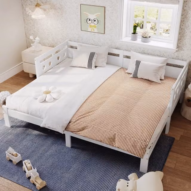 Letto estraibile 90×200 e 182×200 cm con secondo posto letto, senza materasso, in pino massello e MDF bianco