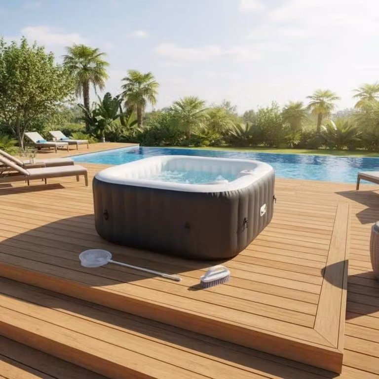 SUNSPA AC01KITCD: Vasca idromassaggio gonfiabile rettangolare per 4 persone, con 130 micro-getti, temperatura massima di 40 °C, capacità di 600 litri, dimensioni 155 x 155 x 80 cm, completa di copertura, tappetino per il fondo e 2 poggiatesta