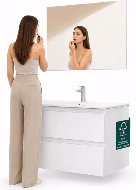 Mobile da Bagno Sospeso con Specchio e 2 Cassetti Otranto Larghezza 80cm Bianco