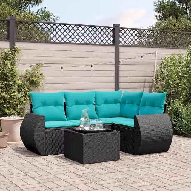 Set Divani da Giardino 5 pz con Cuscini Nero in Polyrattan 3221316