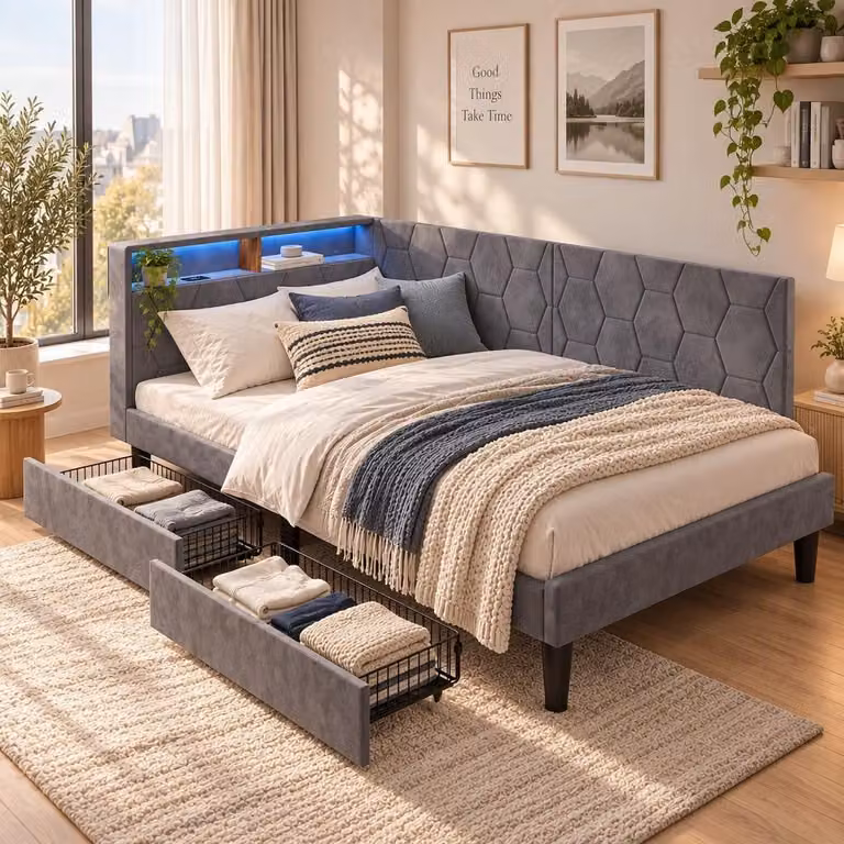 Letto imbottito a giorno 140x200 con LED, divano letto imbottito trasformabile in letto singolo con 2 cassetti e spazio contenitivo, letto a giorno per ragazzi con USB, letto per ospiti, colore grigio
