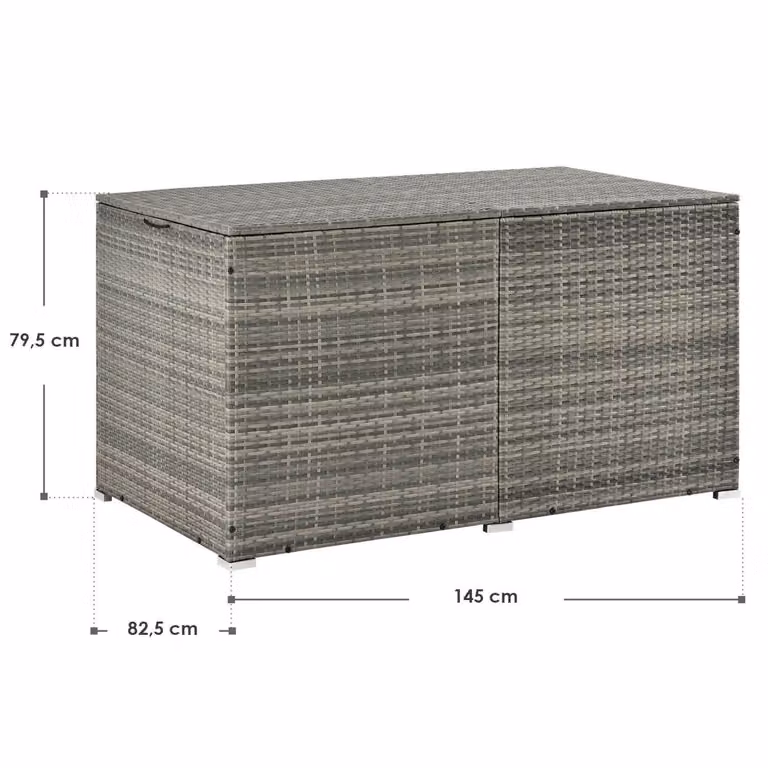 Contenitore in polyrattan Ikaria 200202, contenitore da giardino, 950 l, con coperchio e telo interno, per cuscini, grigio, 145 x 82,5 x 79,5 cm