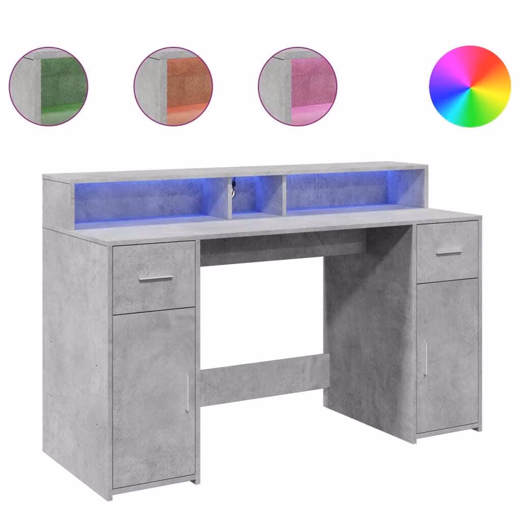 Scrivania con Luci LED Grigio Cemento 140x55x91 cm Multistrato