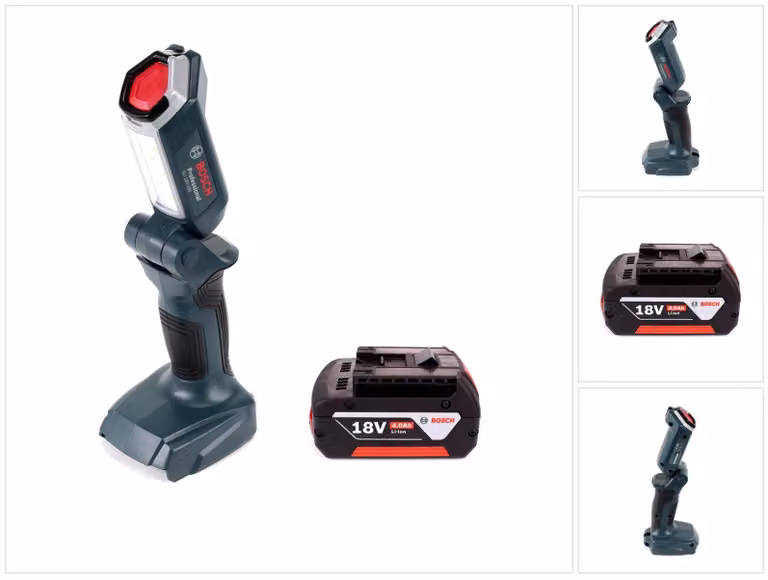 Bosch Professional GLI 18V-300 Torcia a batteria + 1x Batteria GBA 18 V 4,0 Ah - senza caricabatterie