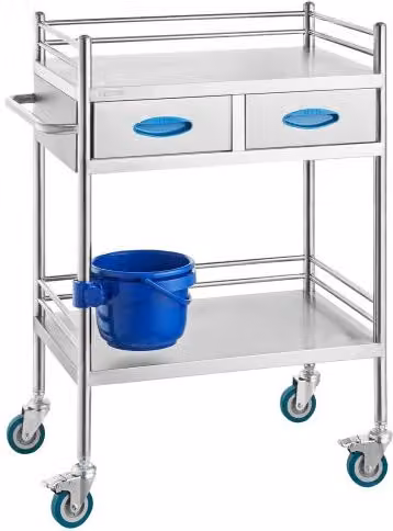 Carrello di servizio da laboratorio VEVOR in acciaio inox color argento a 2 strati con ruote bloccabili e secchio per uso medico e dentale