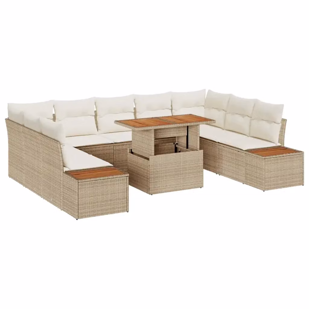 Set Divano da Giardino a Forma di U con Tavolino da vidaXL, 10 Pezzi, Polyrattan e Legno di Acacia, Beige – 2