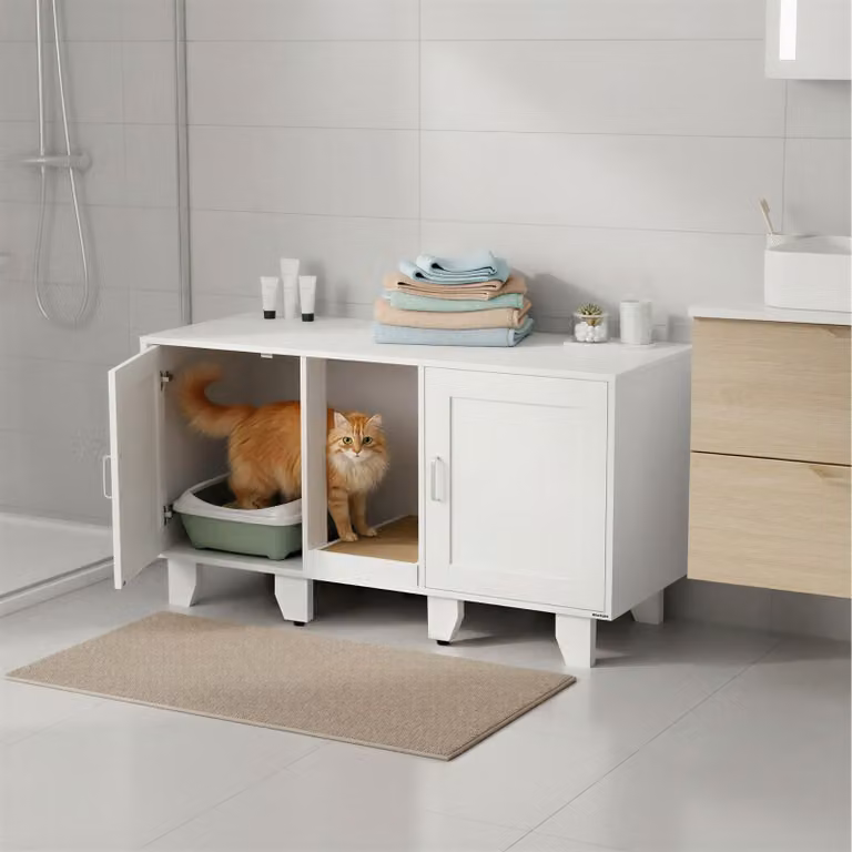 Armadio per gatti Freya tectake con ingressi nascosti e tappetino tiragraffi, bianco