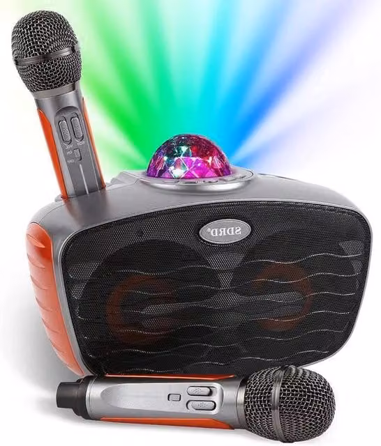 Impianto Karaoke - Macchina Karaoke Systema Portatile con Bluetooth e 2 Microfoni Senza Fili - Disco Luce di Scena Altoparlante - Ingresso USB/TF-Carta/AUX - Festa di Casa Riunione Matrimonio Chiesa Picnic Esterno/Interno (Arancione)