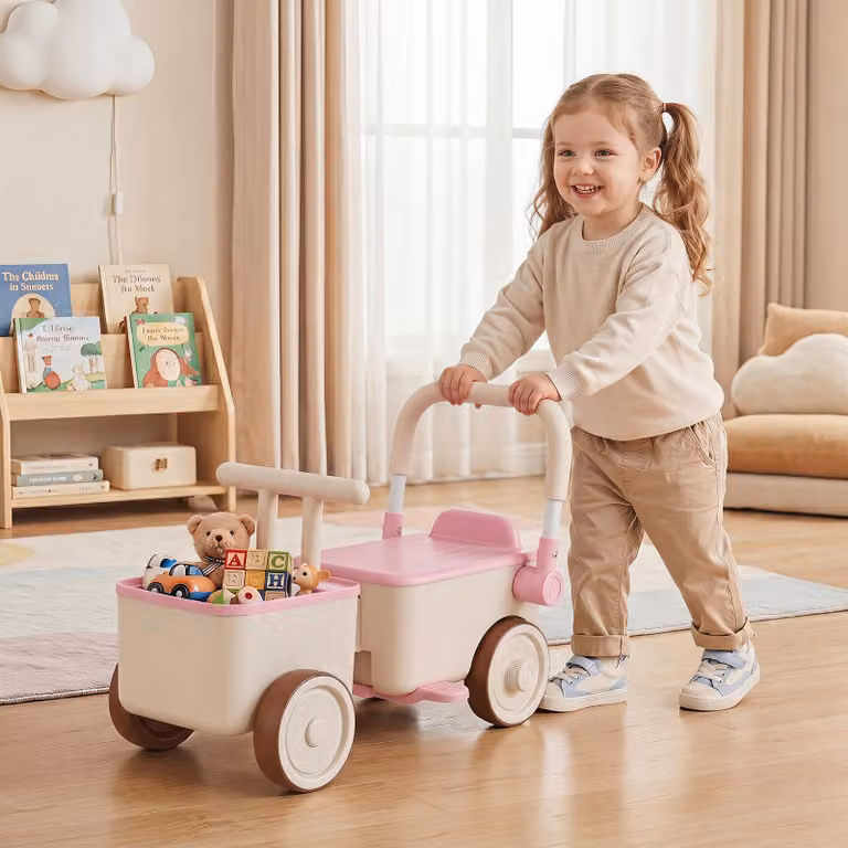 Auto a spinta 3 in 1 Costway per bambini con corda di traino e vano portaoggetti, modello cavalcabile rosa per età 3-6 anni