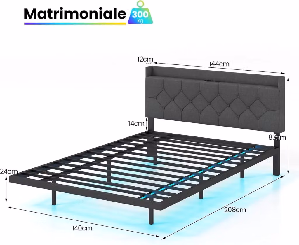 Letto Matrimoniale Moderno COSTWAY in Tessuto Grigio con Luci LED Sotto il Letto, Porta USB e Ripiano Integrato, L/P: 140 x 200 cm – 2