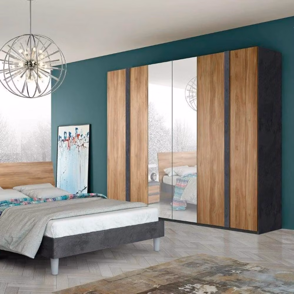 Set completo camera da letto Borghese in legno massello noce e antracite con armadio, letto, cassettiera, comodino e specchio – 2