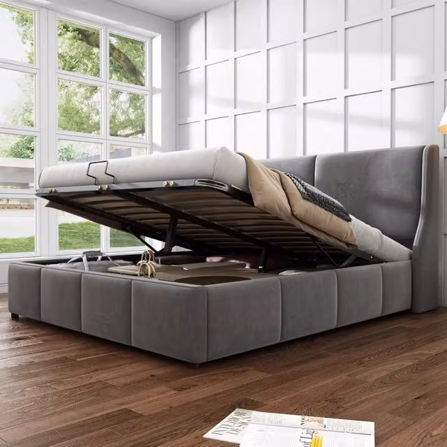 Letto contenitore matrimoniale OKWISH in velluto grigio con base a sollevamento idraulico, L/P/H: 140 x 200 x 47 cm