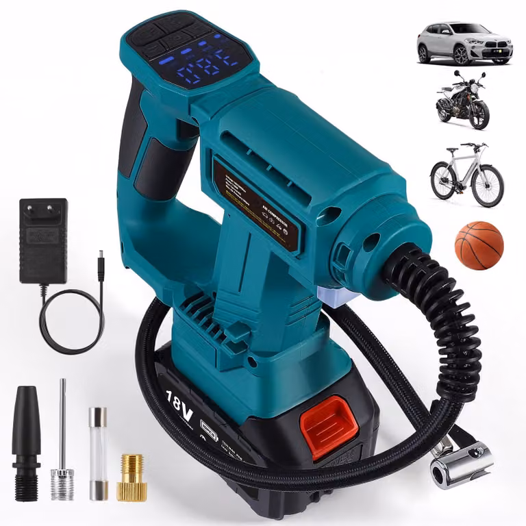 Compressore d'aria portatile a 18 V, pressione massima di 11 bar, manometro digitale, pompa d'aria per auto, moto, bicicletta