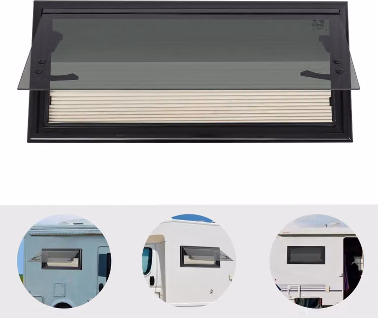 Finestre per camper/roulotte - Finestre di ricambio a ribalta - Angoli diritti - Vetro temperato colorato con trasmissione luminosa dell'18% - Angolo di apertura 85° - Protezione solare - Blu