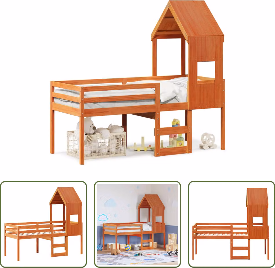 The Living Store Letto a soppalco con tetto a cera marrone 90x190 cm in legno di pino massiccio