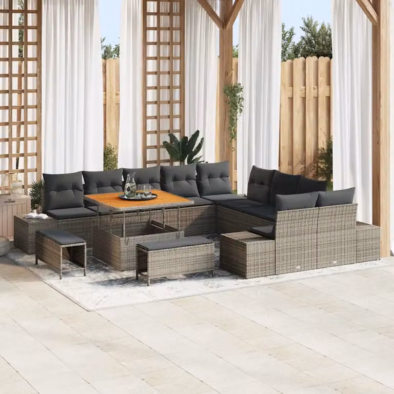 Set Divano da Giardino vidaXL a forma a U in Polyrattan Grigio con 13 Pezzi e Cuscini