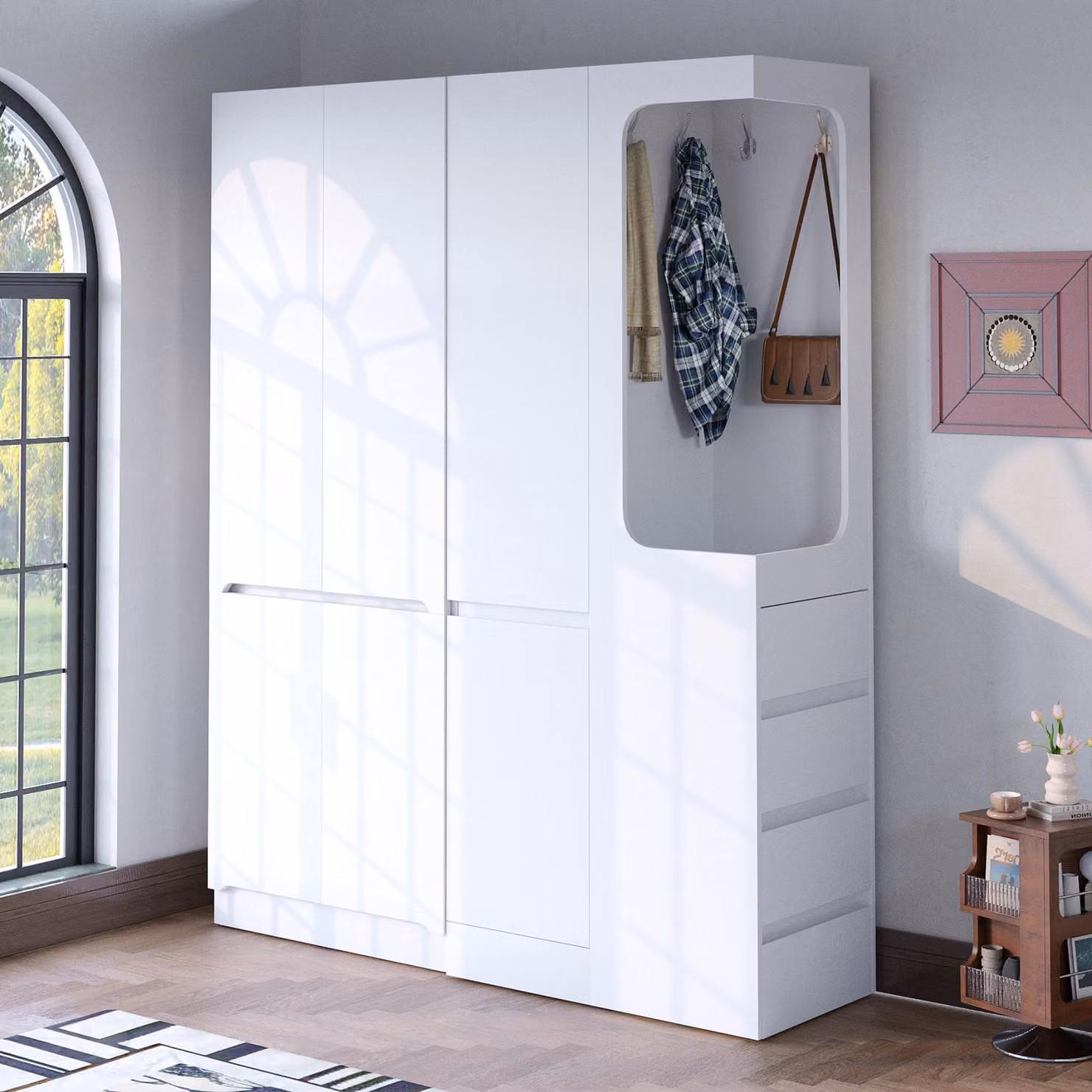 okwish Armadio con anta girevole con contenitore a giorno, Armadio ad angolo con contenitore e lato destro, bianco
