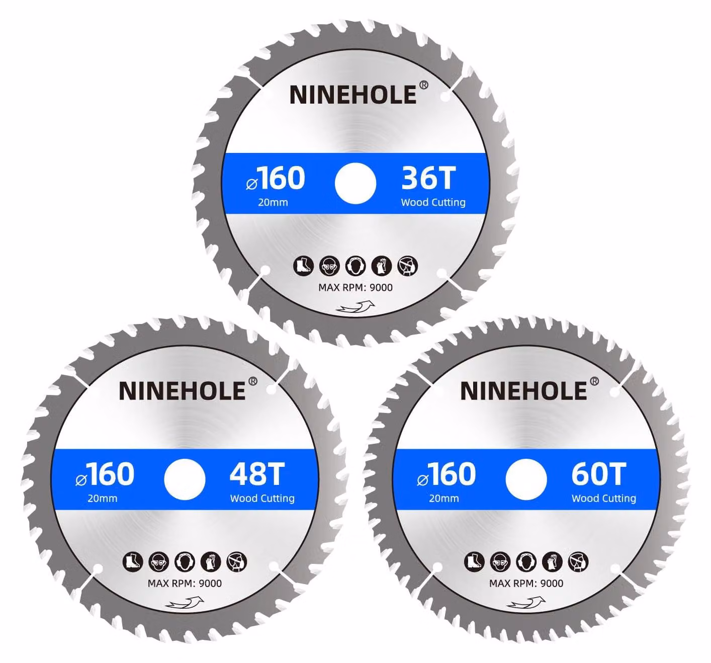 3 dischi per sega circolare, dimensioni 160 x 20 mm, con 36, 48 e 60 denti, in metallo duro, adatti a diversi materiali