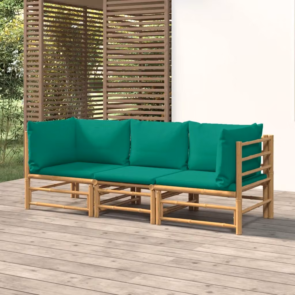 Set Salotto da Giardino vidaXL in Bambù con Cuscini Verdi e Marroni, Design Moderno a L con Divano a 3 Posti, 2 Posti ed Elemento Angolare