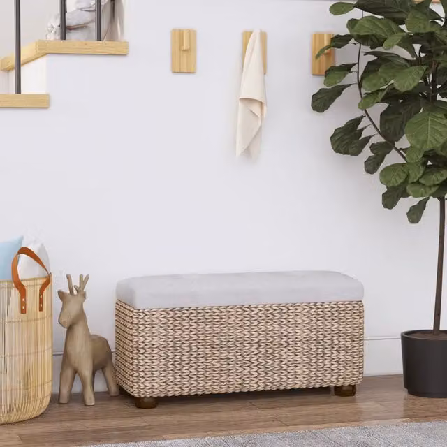 Set di 2 panche portaoggetti con cuscino grigio vidaXL in rattan e MDF per soggiorno o camera da letto, L: 69 cm – 1